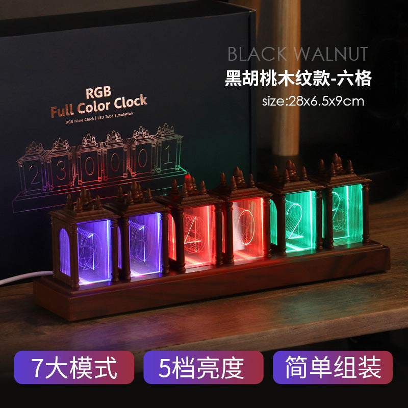 RGB Clock LED Wooden Creative Desktop Decoration