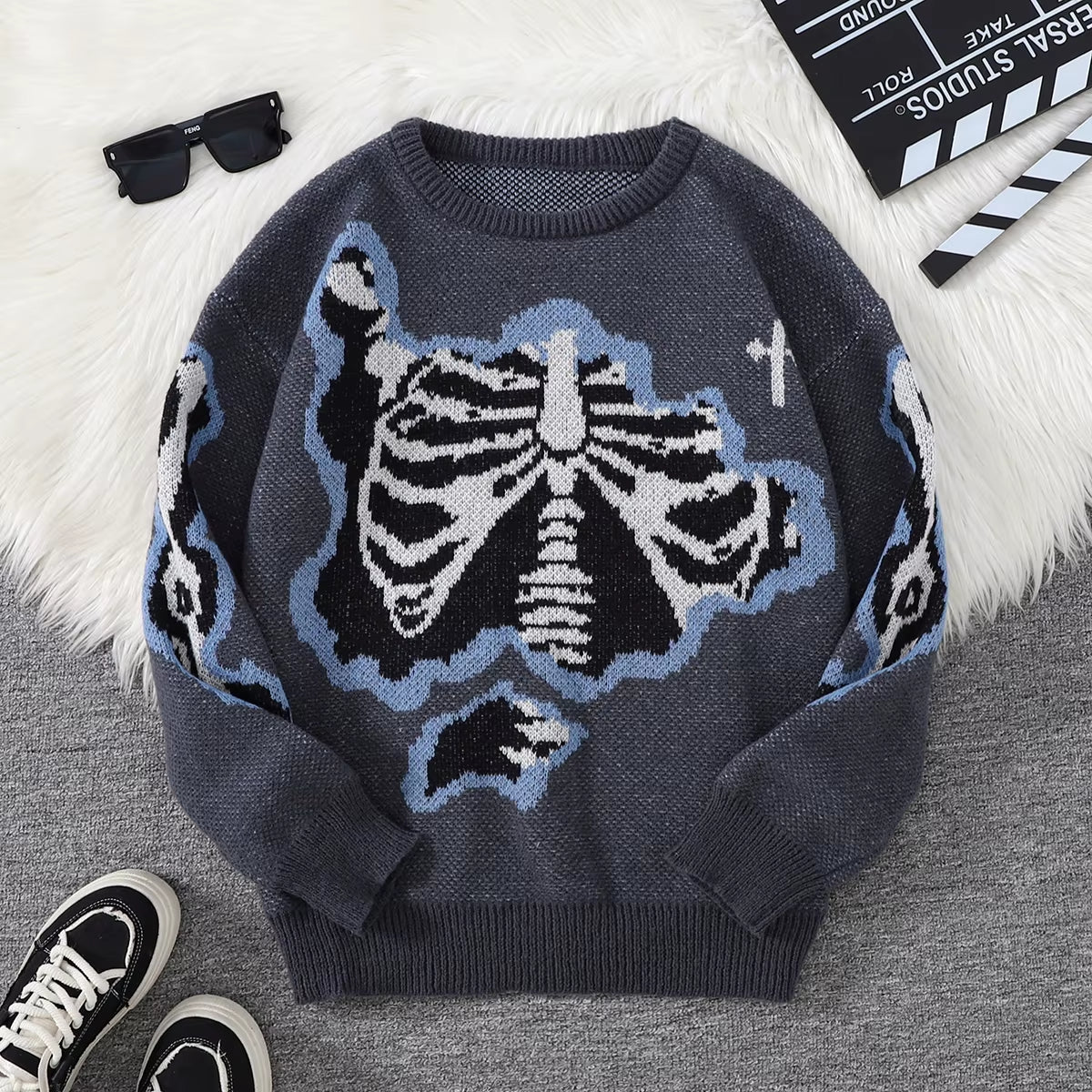 New Popular Spring and Autumn Bone-Shaped Butterfly Jacquard Pattern Pullover Sweater Casual round Neck Contrast Color Knitted M