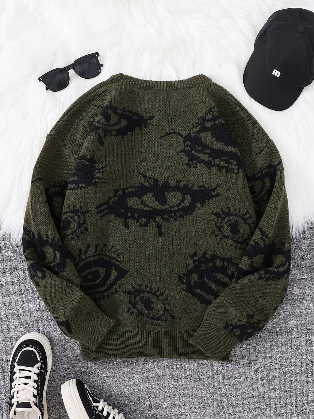New Popular Autumn and Winter Abstract Eye Jacquard Pattern Pullover Sweater Casual round Neck Knitted Men'S Pullover