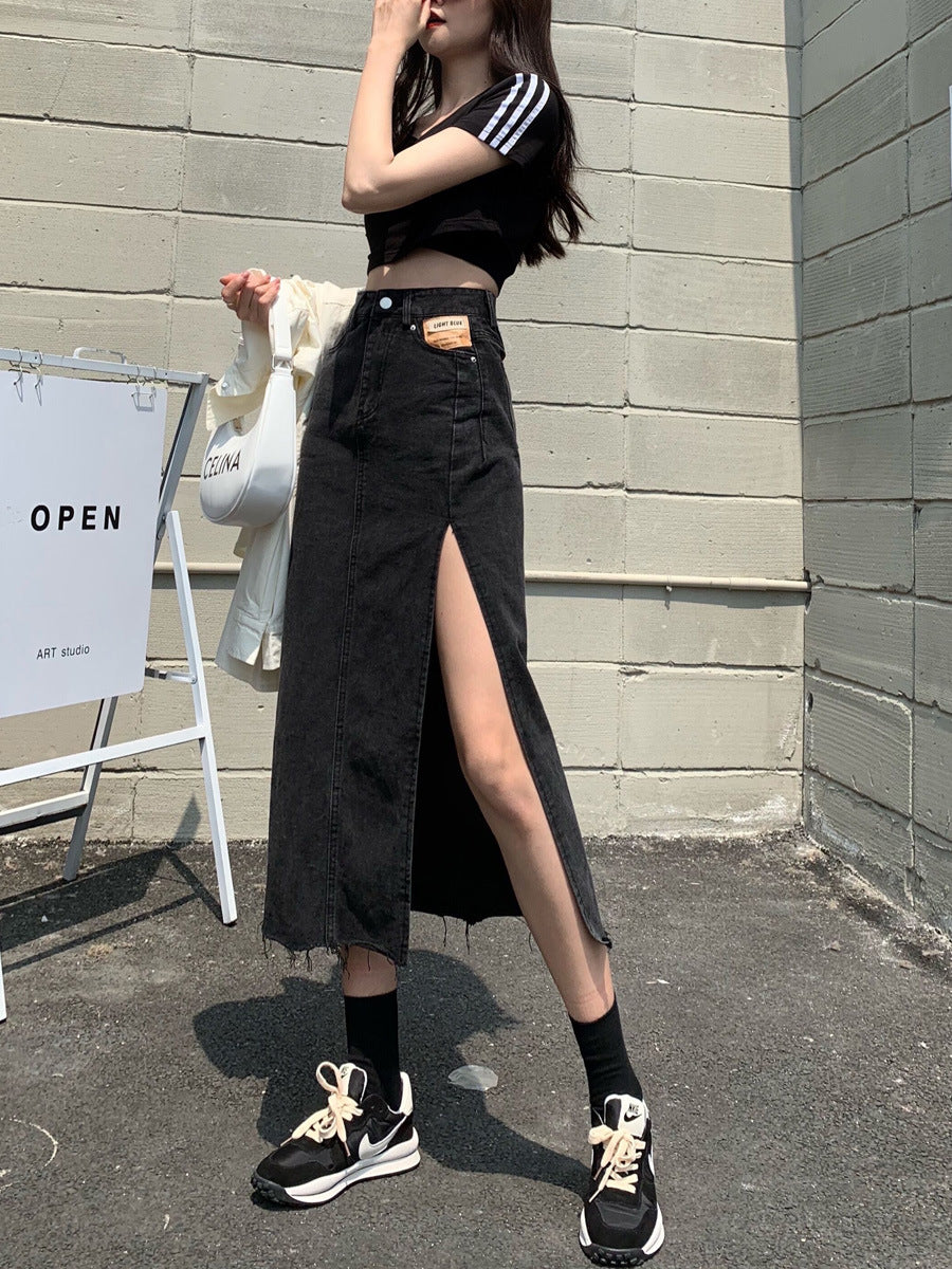 High Waist Side Slit Denim Skirt for Women