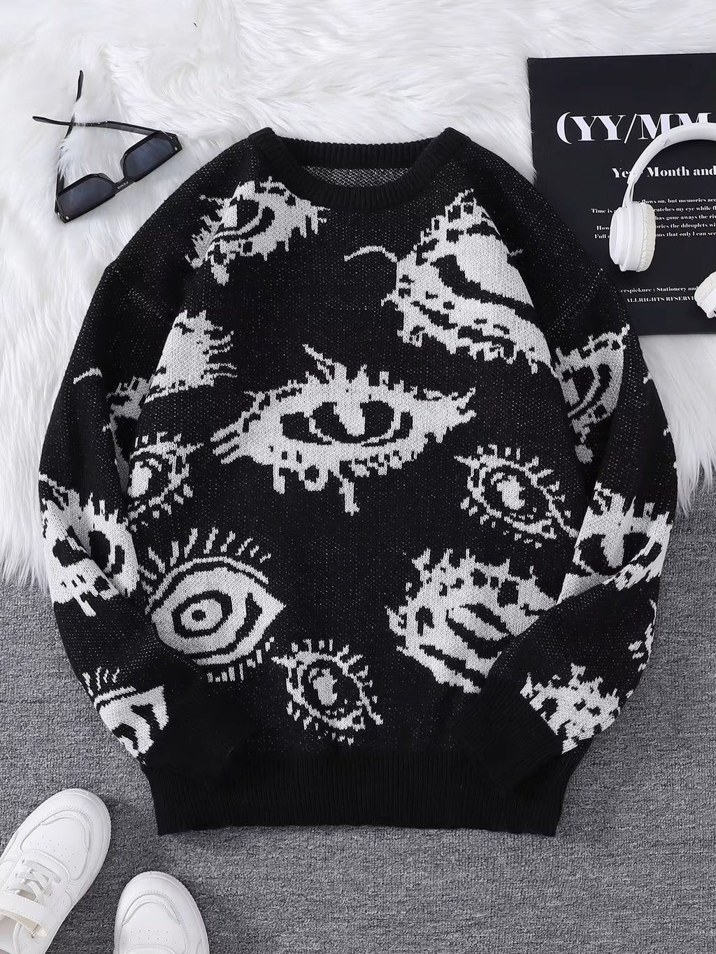 New Popular Autumn and Winter Abstract Eye Jacquard Pattern Pullover Sweater Casual round Neck Knitted Men'S Pullover