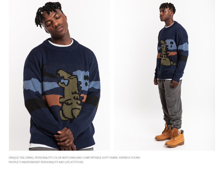 NAGRI Retro Cartoon Dinosaur Knit Sweater for Couples
