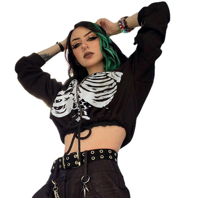 Gothic Long Sleeve Drawstring Crop Hoodie for Women