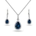 B. BRILLIANT Sterling Silver Teardrop Halo Simulated London Blue Topaz & White Topaz Necklace & Dangle Earrings Jewelry Set for Women