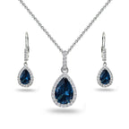 B. BRILLIANT Sterling Silver Teardrop Halo Simulated London Blue Topaz & White Topaz Necklace & Dangle Earrings Jewelry Set for Women
