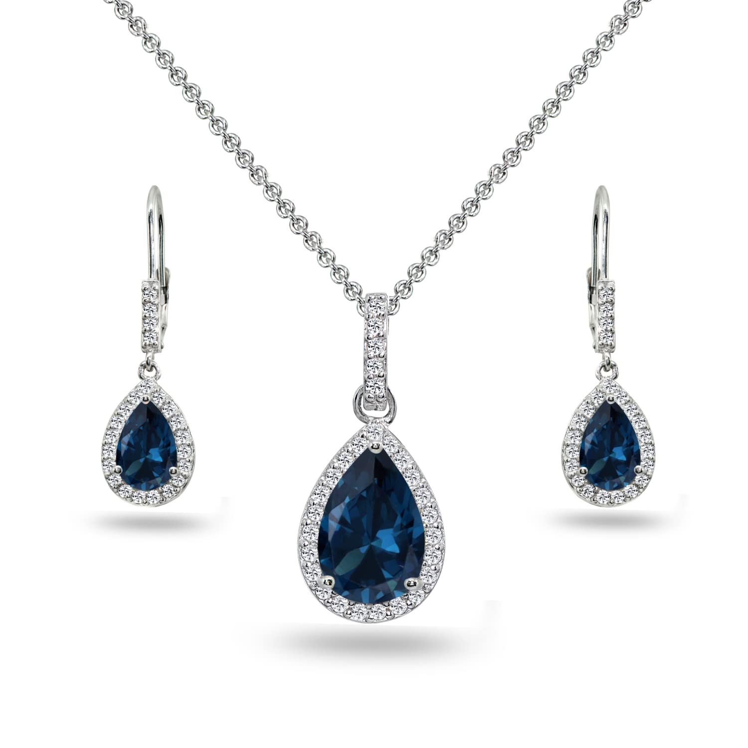 B. BRILLIANT Sterling Silver Teardrop Halo Simulated London Blue Topaz & White Topaz Necklace & Dangle Earrings Jewelry Set for Women