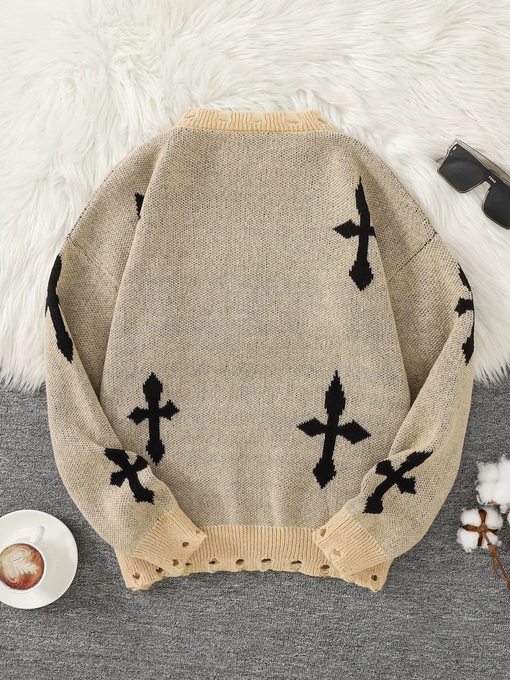 Trendy Street Style Ripped Cross Pattern Pullover Ripped Sweater Casual Crew Neck Knit Men'S Pullover