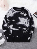 New Popular Spring & Fall Astronaut Star-Picking Jacquard Pattern Pullover Sweater Casual round Neck Contrast Color Knitted Men'
