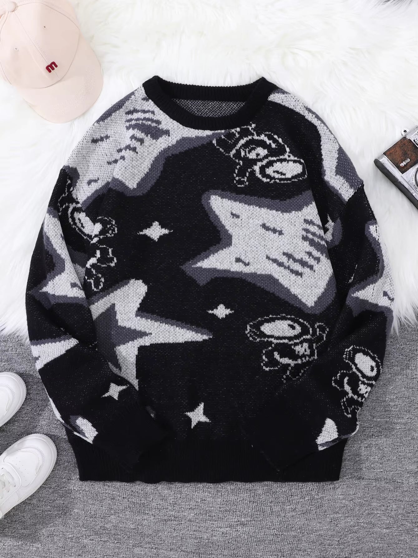 New Popular Spring & Fall Astronaut Star-Picking Jacquard Pattern Pullover Sweater Casual round Neck Contrast Color Knitted Men'