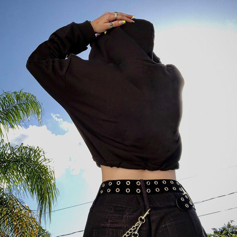 Gothic Long Sleeve Drawstring Crop Hoodie for Women