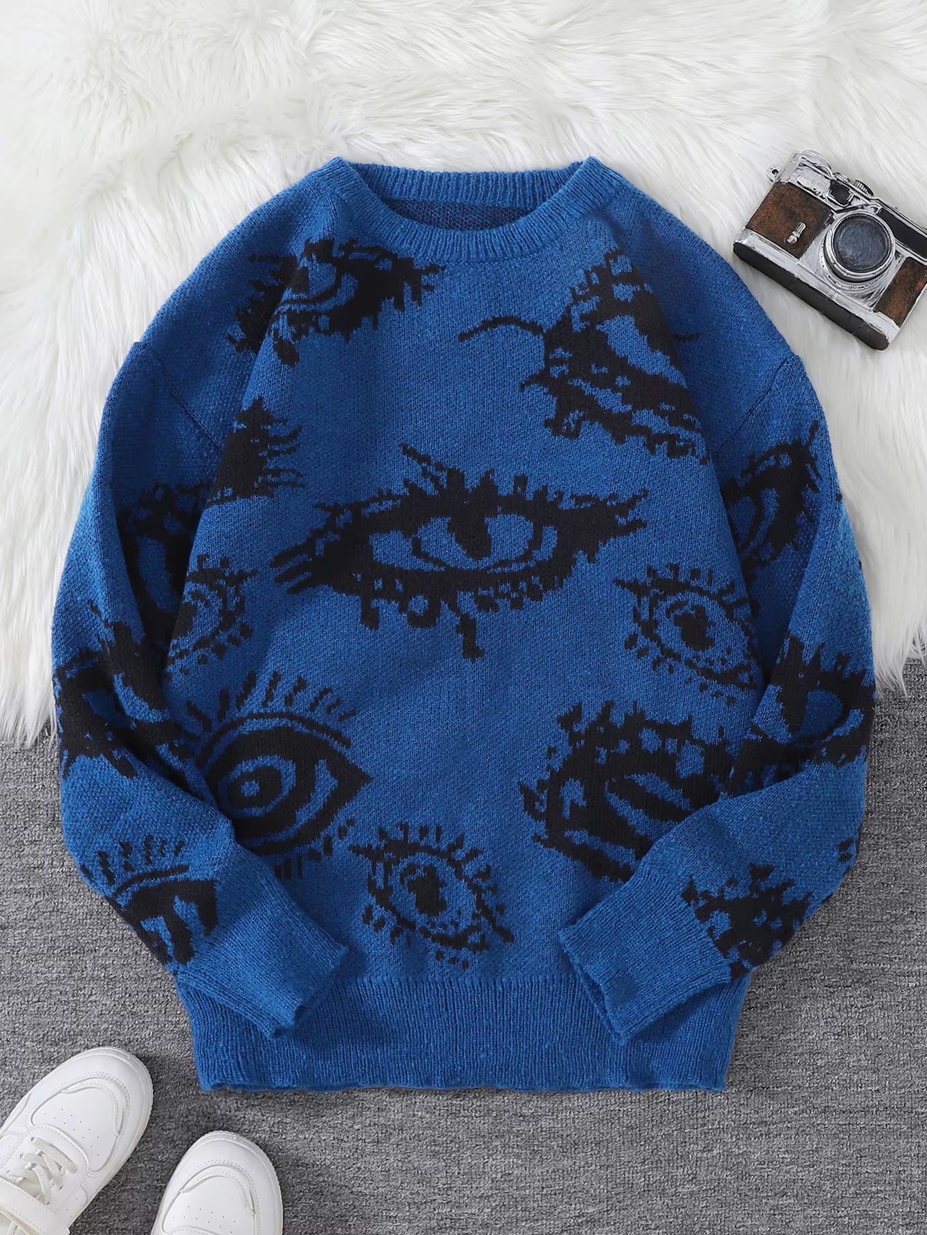 New Popular Autumn and Winter Abstract Eye Jacquard Pattern Pullover Sweater Casual round Neck Knitted Men'S Pullover