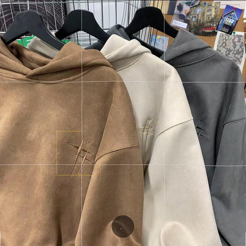 Men'S Suede Fce Hoodie Loose Fit Autumn Winter Trendy Brand Casual Outerwear with Pouch Ket Regular Sve Text Pattern