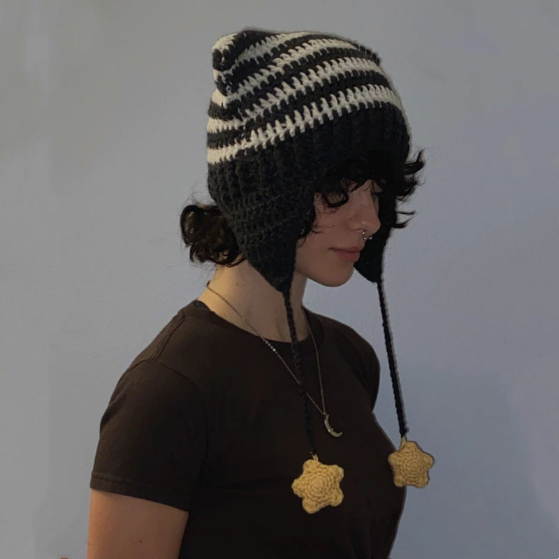Hand Knitted Striped Woolen Beanie Cap