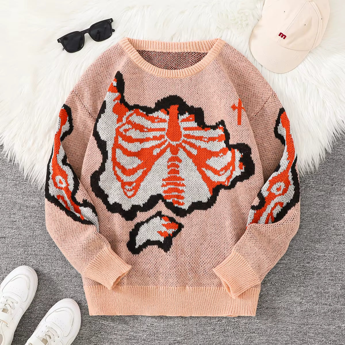 New Popular Spring and Autumn Bone-Shaped Butterfly Jacquard Pattern Pullover Sweater Casual round Neck Contrast Color Knitted M
