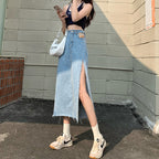 High Waist Side Slit Denim Skirt for Women