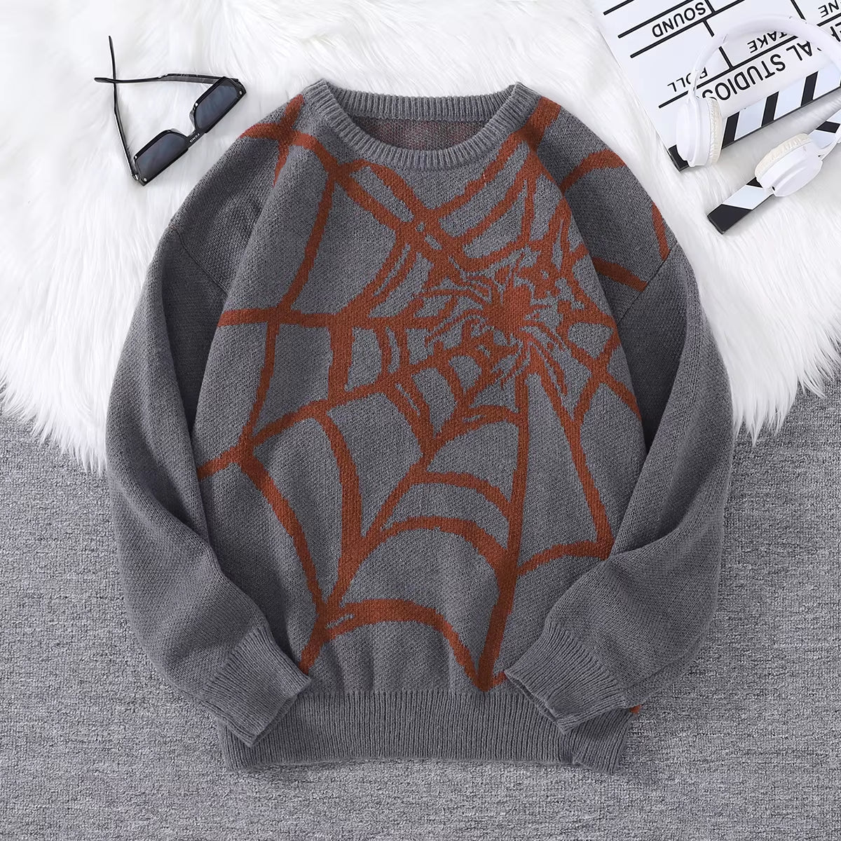 New Popular Autumn and Winter Spider Web Jacquard Pattern Pullover Sweater Casual round Neck Knitted Men'S Pullover