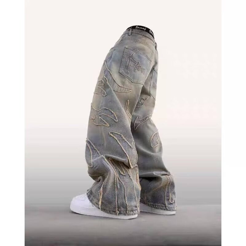 Retro Bat Embroidered Loose Jeans