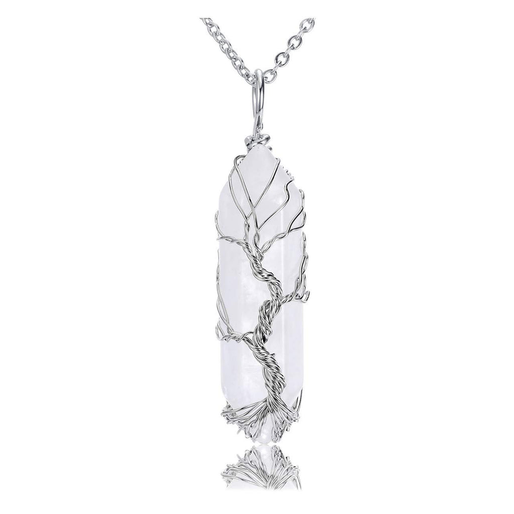 Life Tree Clear Quartz Crystal Healing Pendant Necklace Silver Wire Wrapped Raw Gemstone Hexagonal Reiki Energy Stone Pointed Pendant Jewelry for Women Men