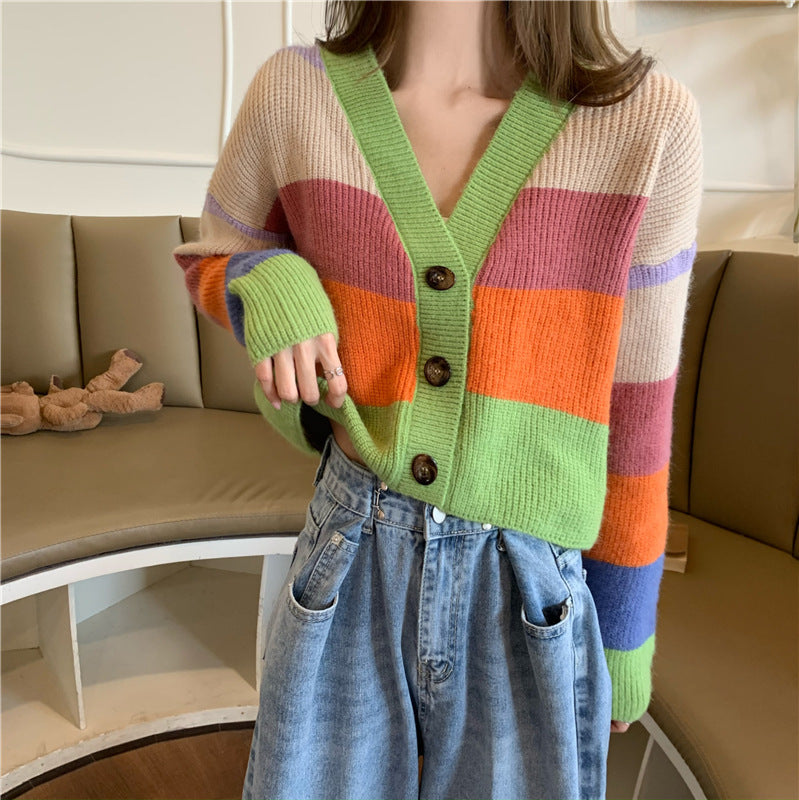 Retro Rainbow Knit Sweater Jacket for Women