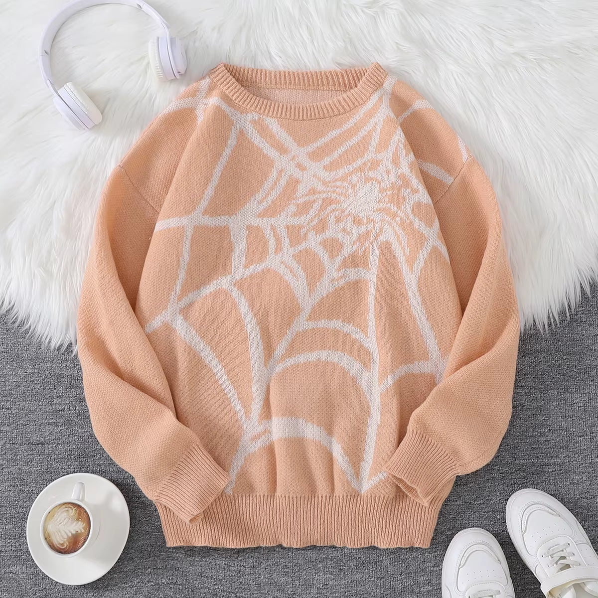 New Popular Autumn and Winter Spider Web Jacquard Pattern Pullover Sweater Casual round Neck Knitted Men'S Pullover