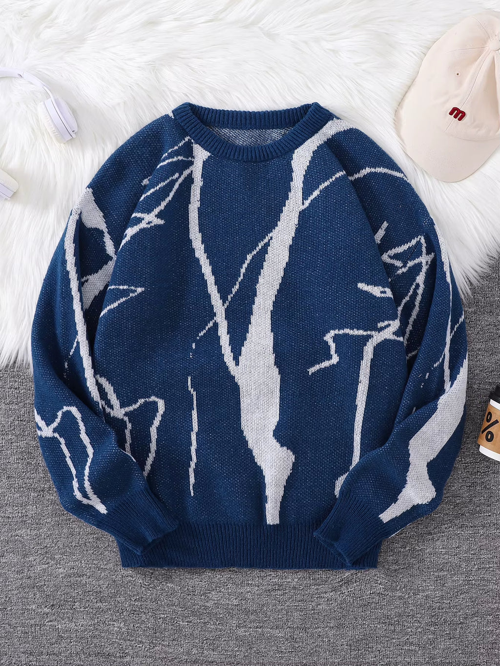 New Popular Autumn and Winter Abstract Crack Graffiti Jacquard Pattern Pullover Sweater Casual round Neck Knitted Men'S Pullover