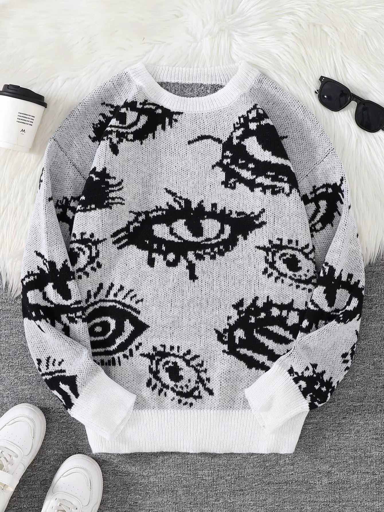 New Popular Autumn and Winter Abstract Eye Jacquard Pattern Pullover Sweater Casual round Neck Knitted Men'S Pullover