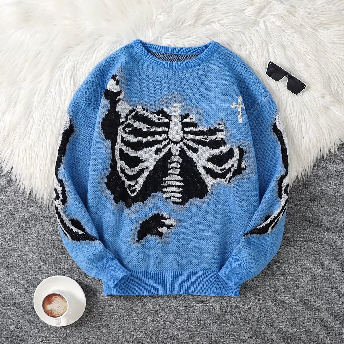 New Popular Spring and Autumn Bone-Shaped Butterfly Jacquard Pattern Pullover Sweater Casual round Neck Contrast Color Knitted M