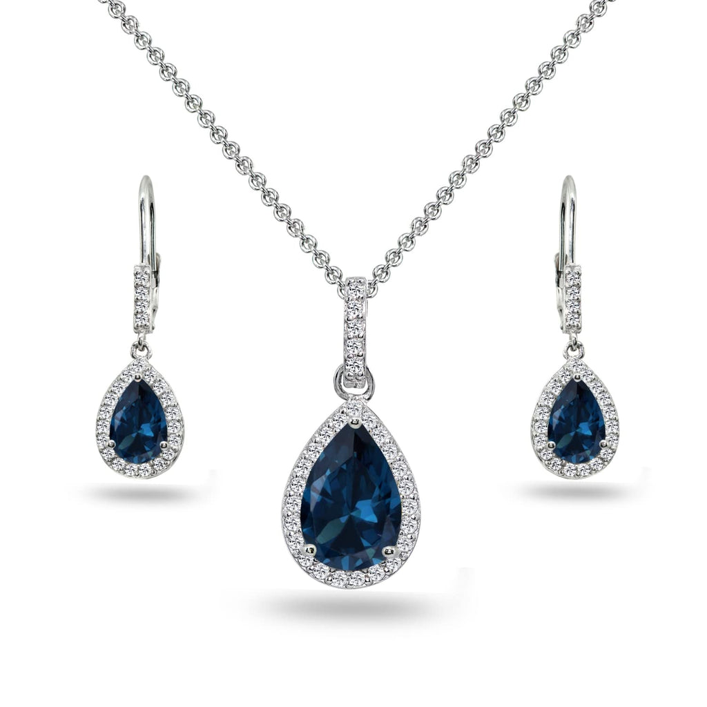 B. BRILLIANT Sterling Silver Teardrop Halo Simulated London Blue Topaz & White Topaz Necklace & Dangle Earrings Jewelry Set for Women