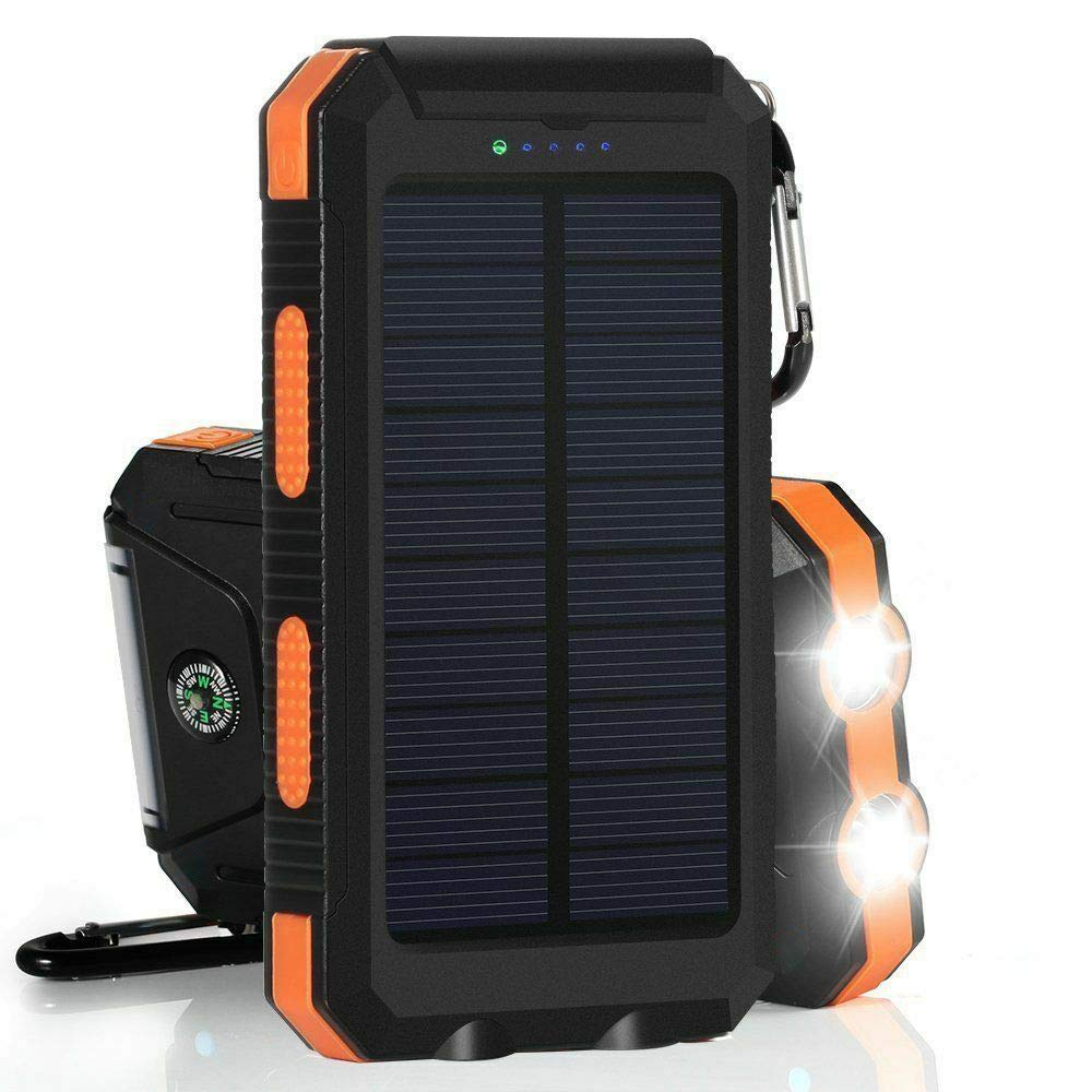 Solar Waterproof Power Bank Outdoor Portable Phone Charger External Battery Backup Dual QC 3.0 5V3.1A Fast USB and Flashlight Compass Solar Panel Charging for all Smartphones and Electronic Devices