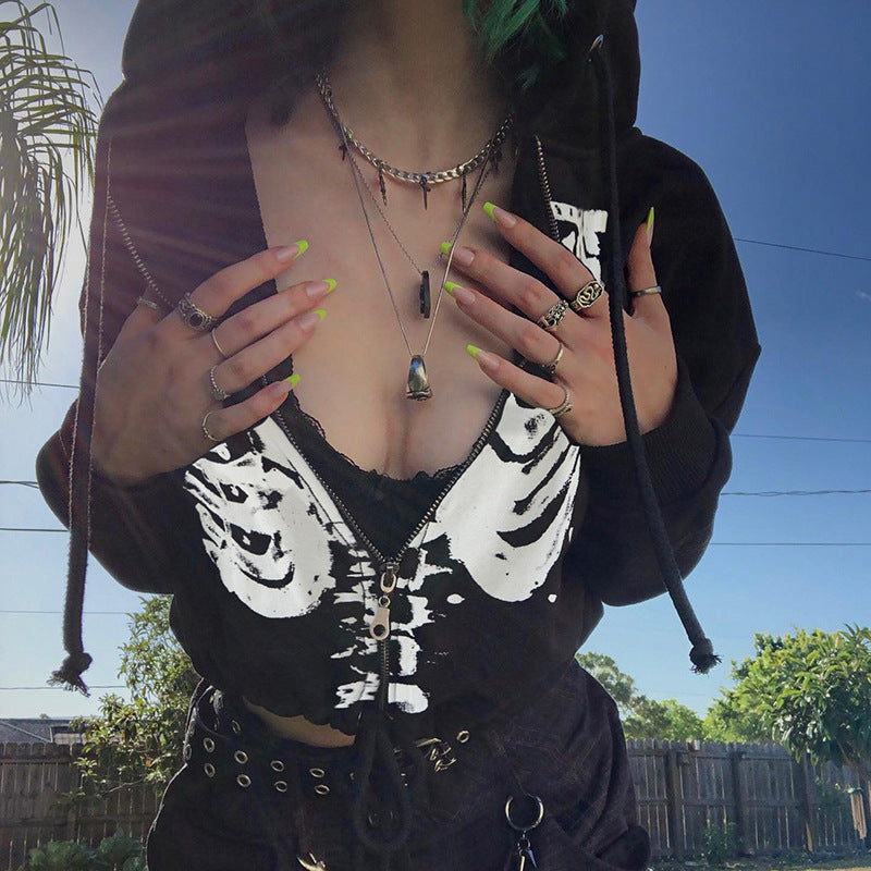 Gothic Long Sleeve Drawstring Crop Hoodie for Women