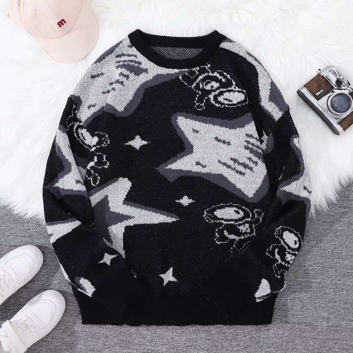 New Popular Spring & Fall Astronaut Star-Picking Jacquard Pattern Pullover Sweater Casual round Neck Contrast Color Knitted Men'