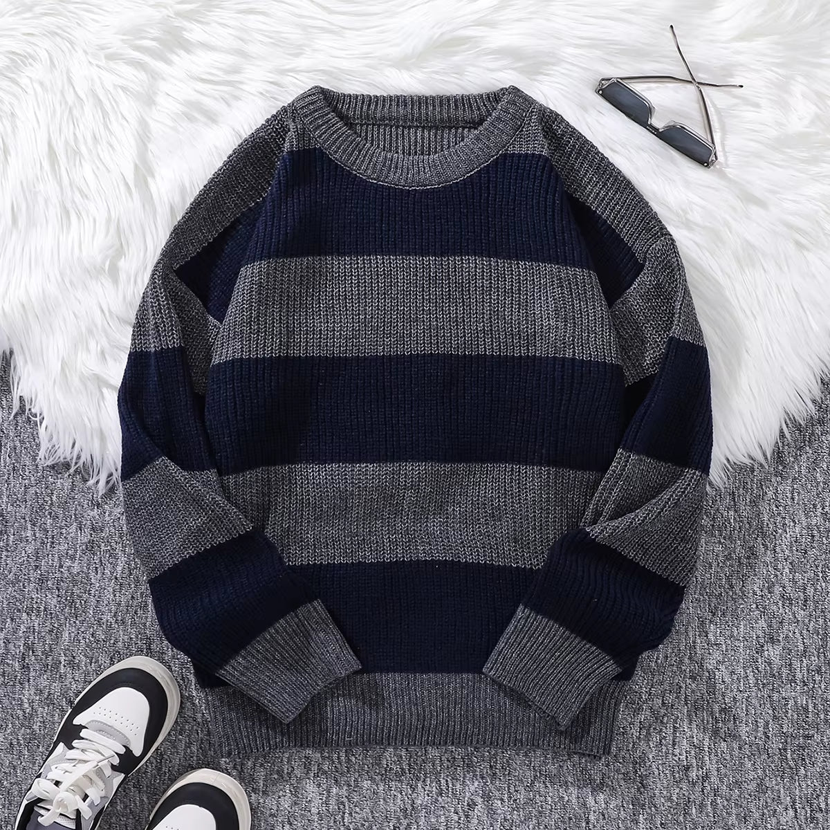 New Loose Bottoming Sweater Casual Versatile Striped Pullover Men'S round Neck Sweater