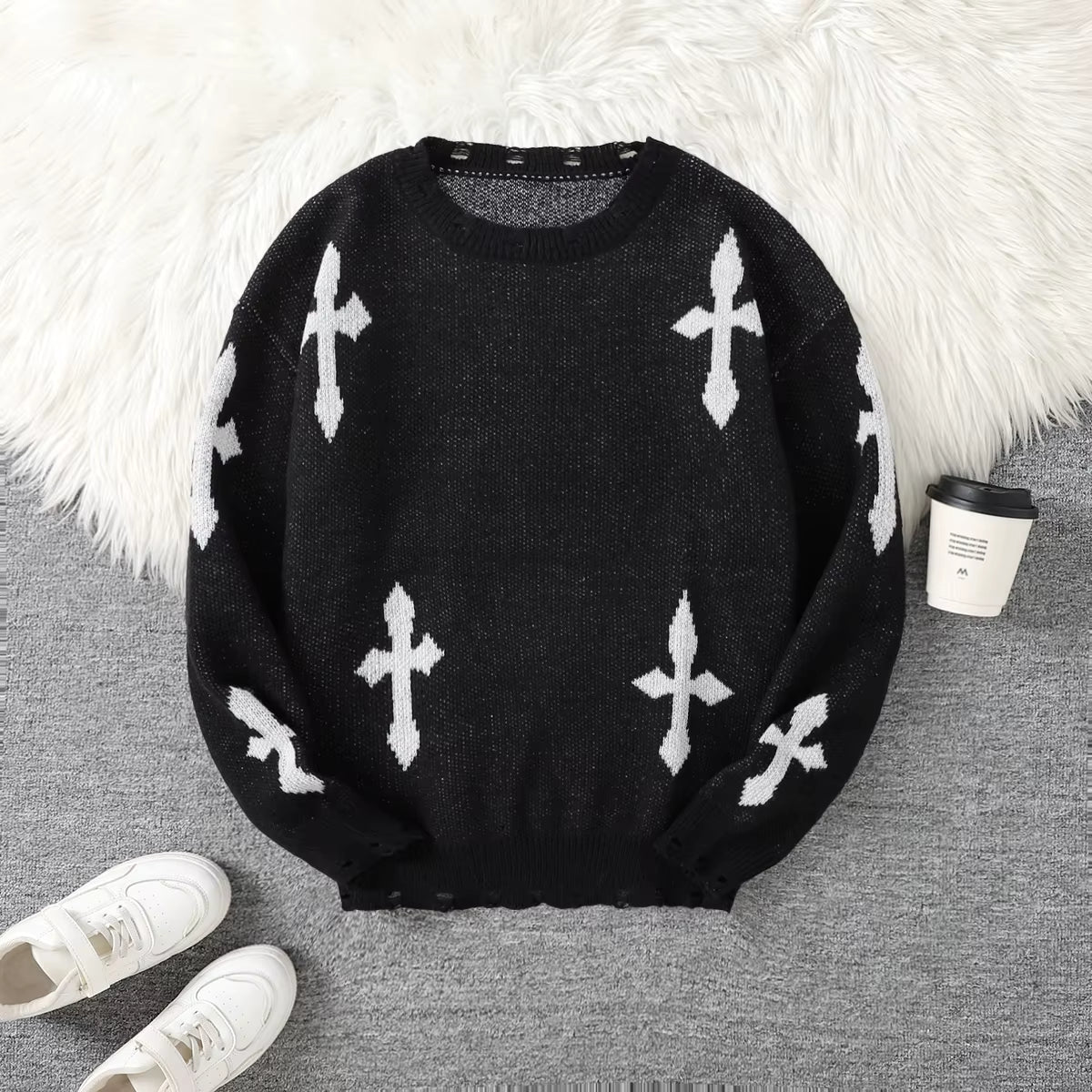 Trendy Street Style Ripped Cross Pattern Pullover Ripped Sweater Casual Crew Neck Knit Men'S Pullover