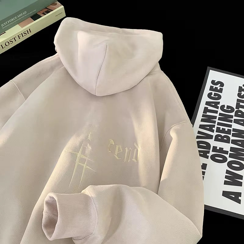 Men'S Suede Fce Hoodie Loose Fit Autumn Winter Trendy Brand Casual Outerwear with Pouch Ket Regular Sve Text Pattern