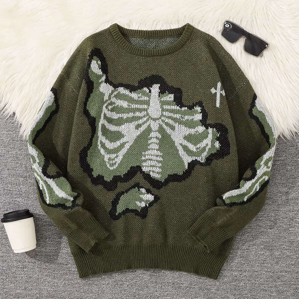 New Popular Spring and Autumn Bone-Shaped Butterfly Jacquard Pattern Pullover Sweater Casual round Neck Contrast Color Knitted M