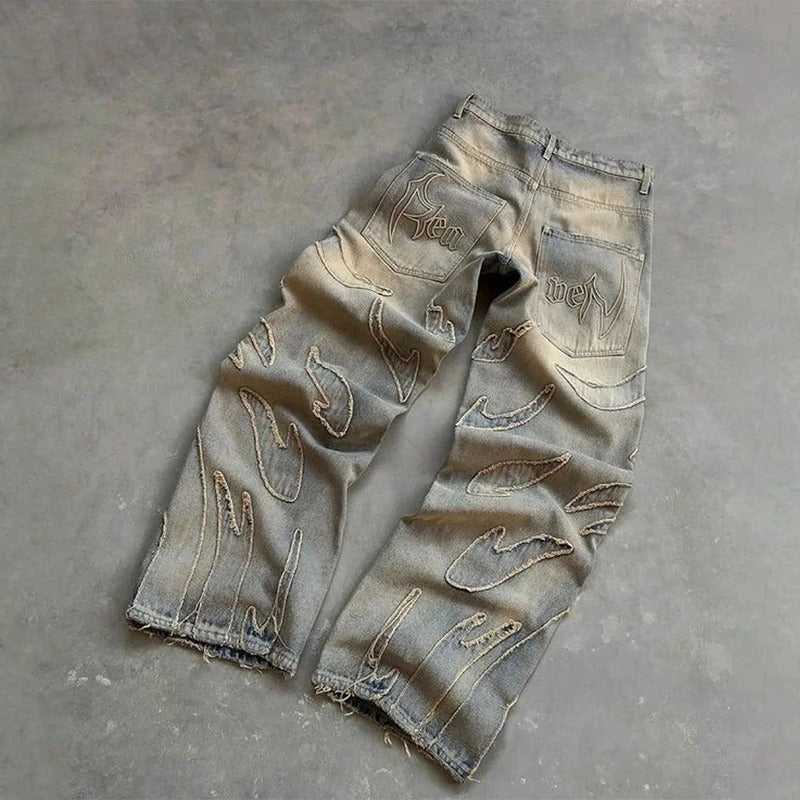 Retro Bat Embroidered Loose Jeans