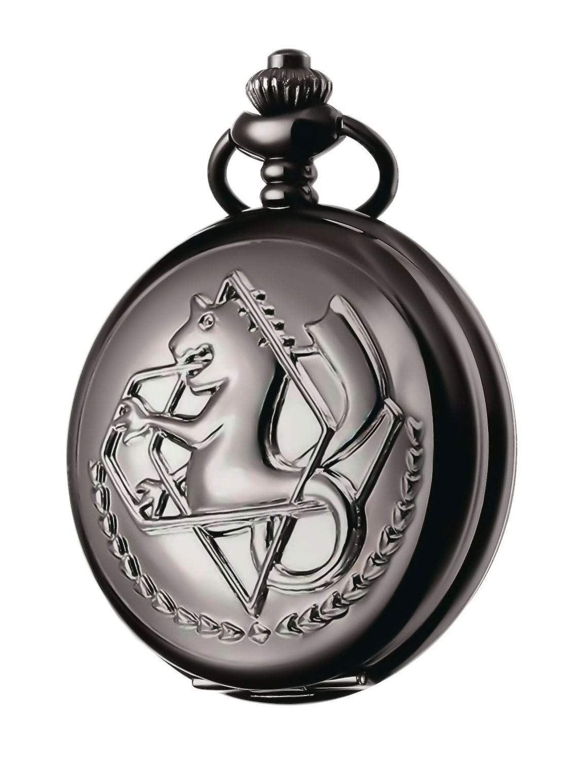BOSHIYA Fullmetal Alchemist Pocket Watch with Chain Vintage Bronze Quartz Pocket Watch Cosplay Accessories Anime Merch Gift Box FMA-Black L Fullmetal Alchemist Pocket Watch