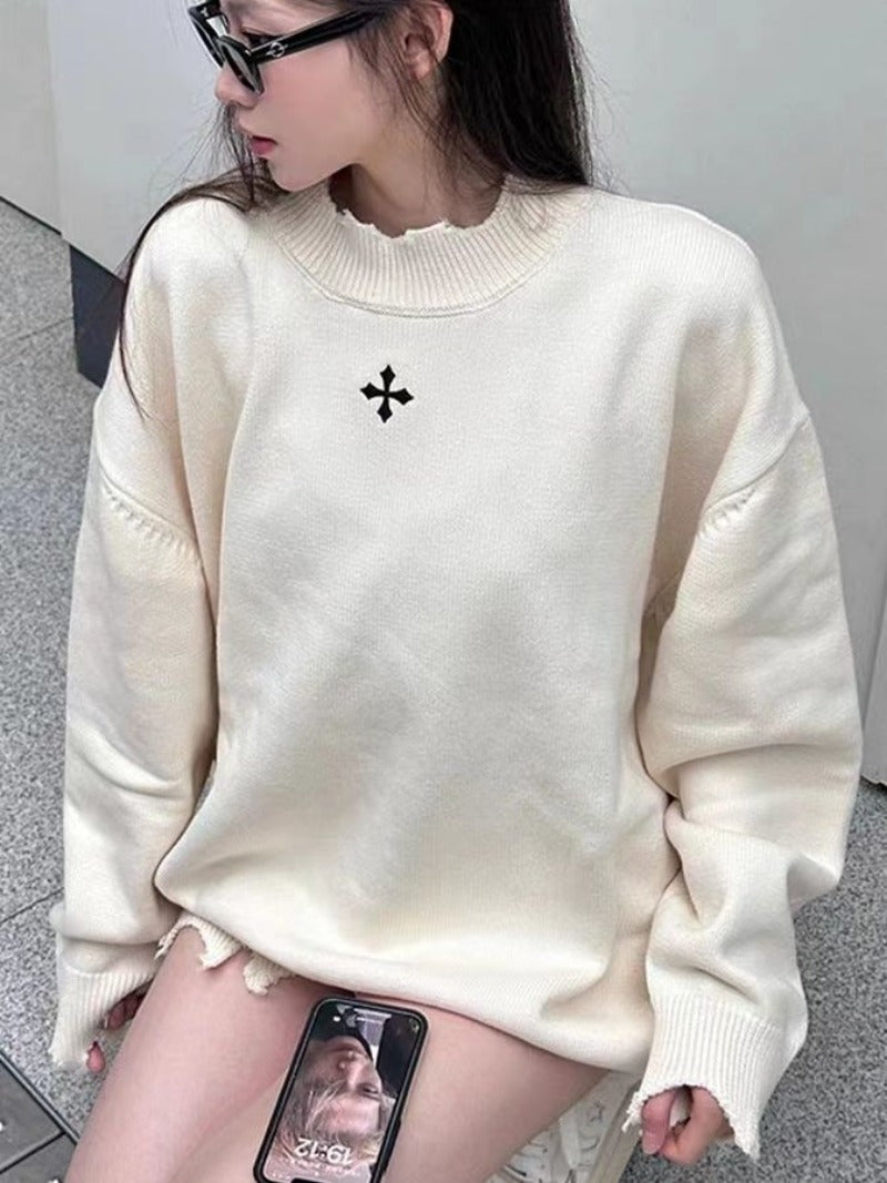 American Retro Black Thick Knit Sweater for Women