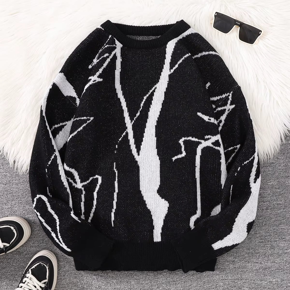 New Popular Autumn and Winter Abstract Crack Graffiti Jacquard Pattern Pullover Sweater Casual round Neck Knitted Men'S Pullover