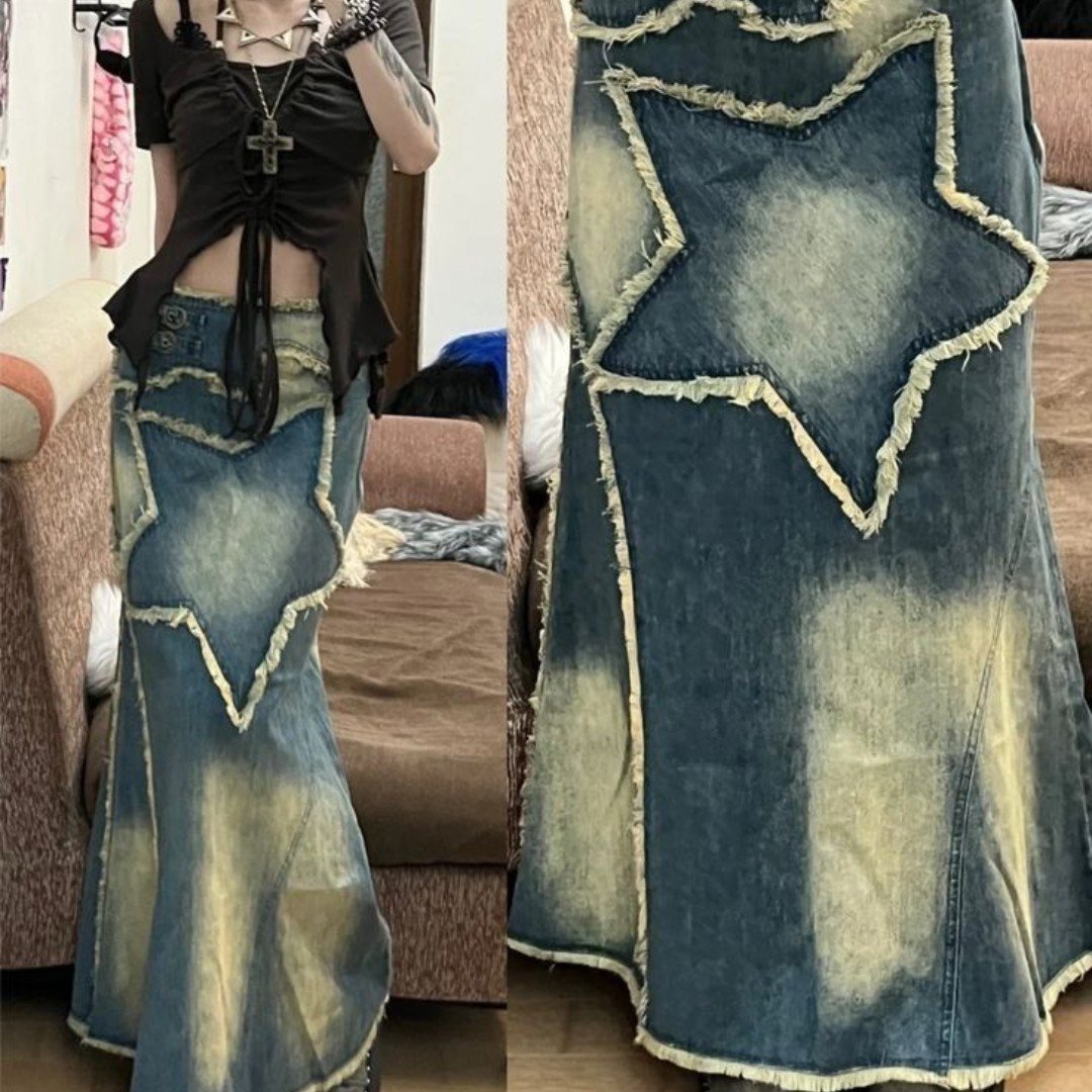 Vintage Washed Denim Skirt for Women