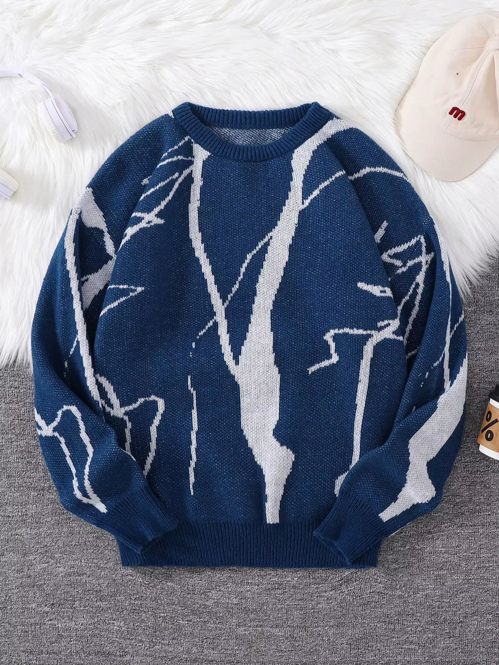 New Popular Autumn and Winter Abstract Crack Graffiti Jacquard Pattern Pullover Sweater Casual round Neck Knitted Men'S Pullover