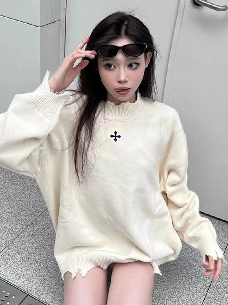 American Retro Black Thick Knit Sweater for Women