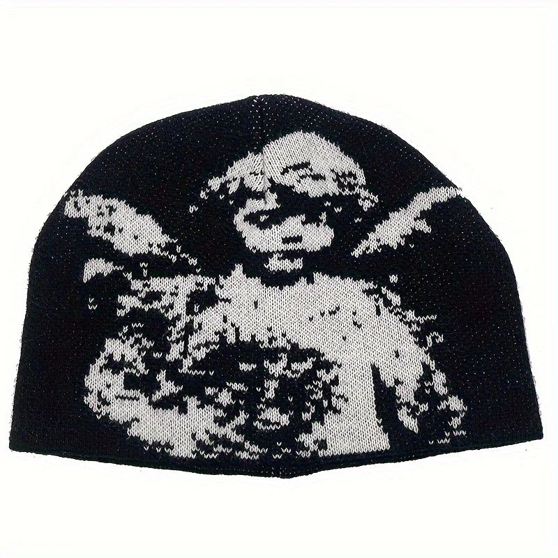 Angel Jacquard Beanie Black & White Edgeless Skull Cap Winter Hat for Women & Men Gothic Y2K Beanie for Everyday & Formal Events