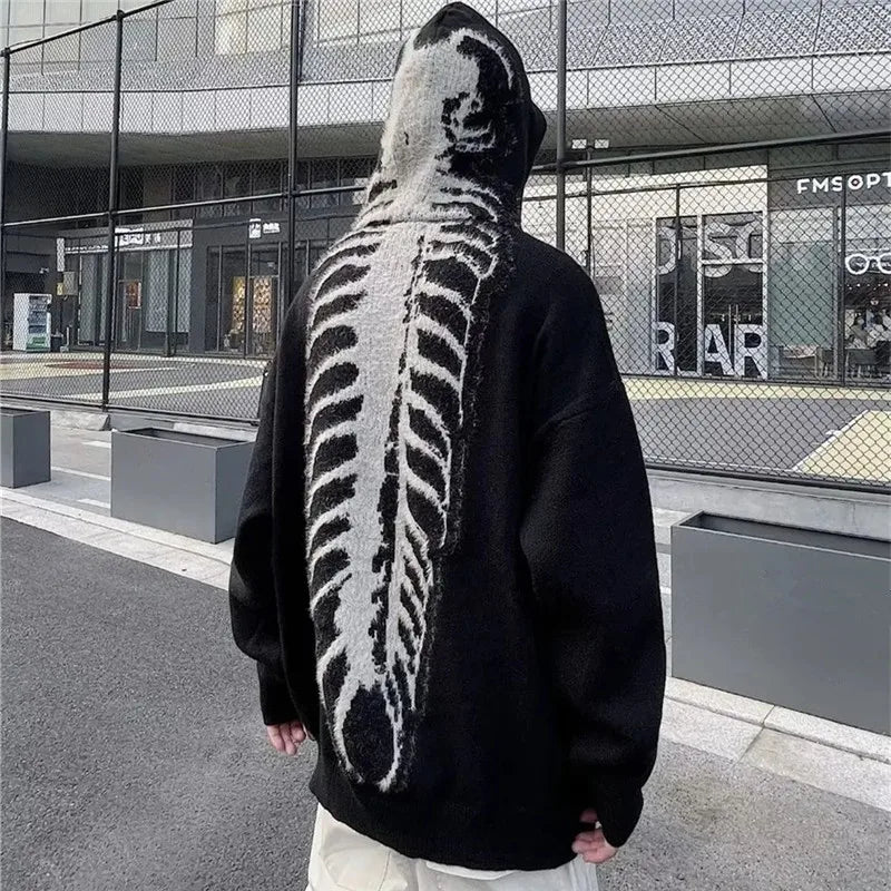 Fashion Mens Autumn Winter Funny Graphic Print Knitted Sweater Y2K Style Vintage Slouchy Sweater Jackets Hooded Sweaters for Men