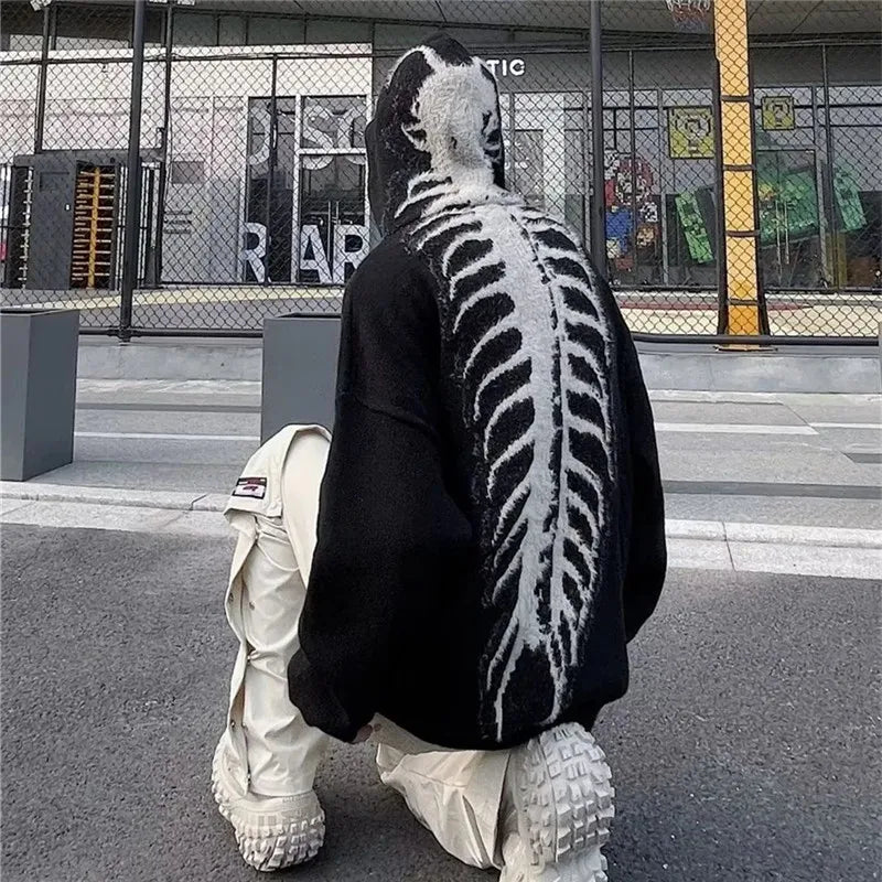 Fashion Mens Autumn Winter Funny Graphic Print Knitted Sweater Y2K Style Vintage Slouchy Sweater Jackets Hooded Sweaters for Men