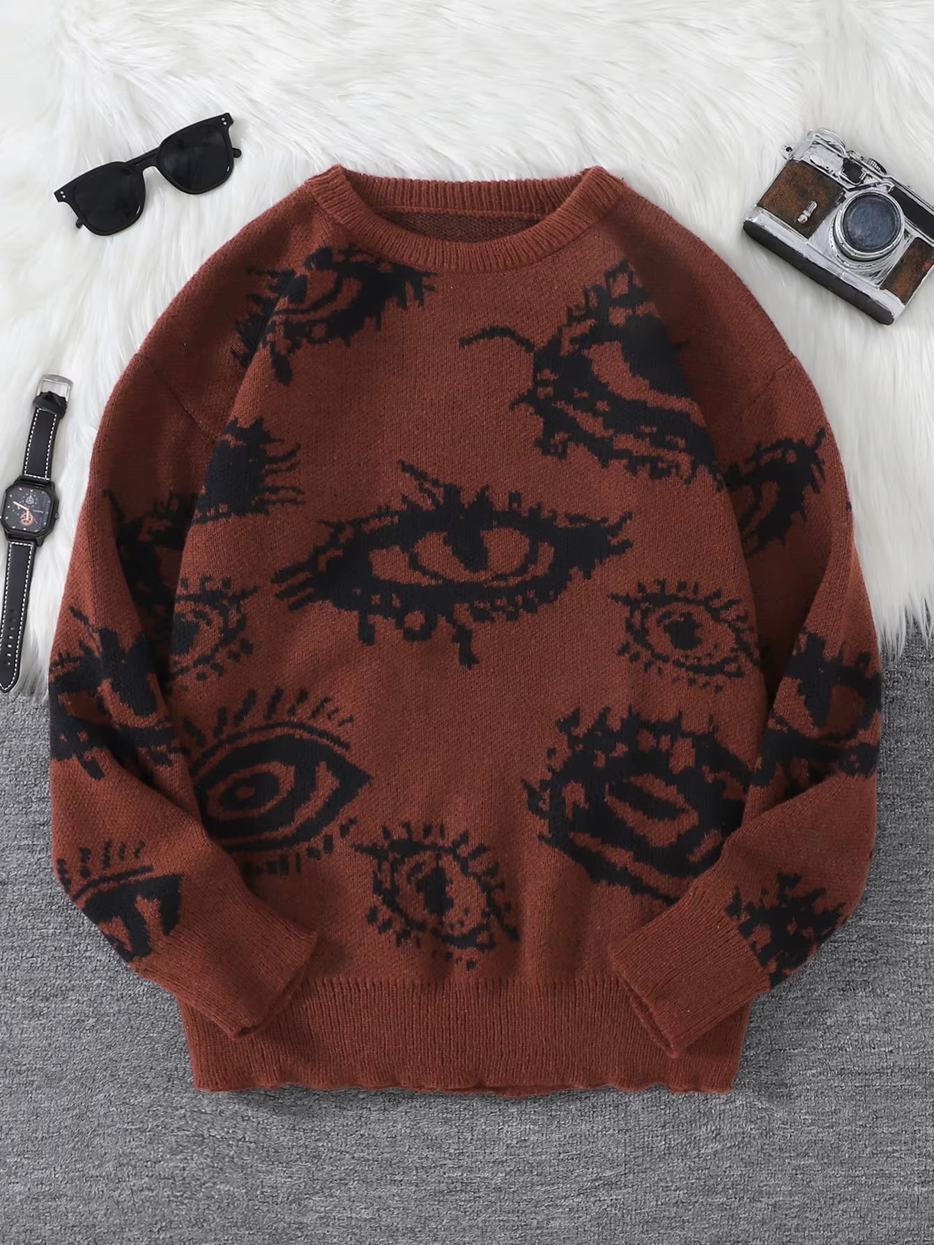 New Popular Autumn and Winter Abstract Eye Jacquard Pattern Pullover Sweater Casual round Neck Knitted Men'S Pullover