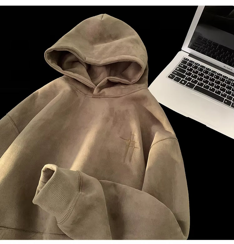 Men'S Suede Fce Hoodie Loose Fit Autumn Winter Trendy Brand Casual Outerwear with Pouch Ket Regular Sve Text Pattern