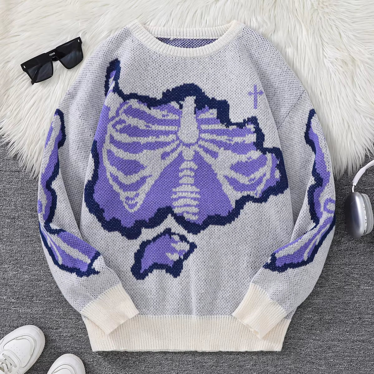 New Popular Spring and Autumn Bone-Shaped Butterfly Jacquard Pattern Pullover Sweater Casual round Neck Contrast Color Knitted M