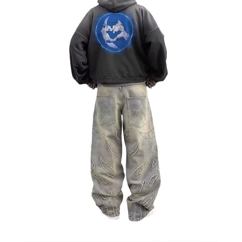Retro Bat Embroidered Loose Jeans