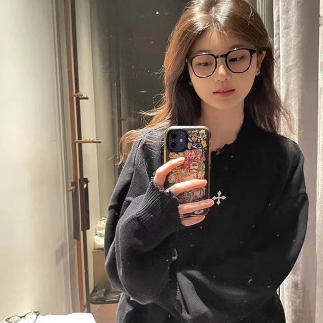 American Retro Black Thick Knit Sweater for Women